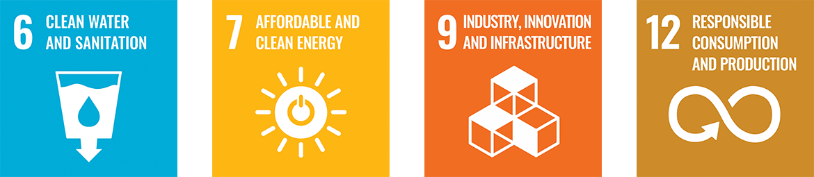 SDGs 「6 安全な水とトイレを世界中に」「7 エネルギーをみんなに そしてクリーンに」「9 産業と技術革新の基盤をつくろう」「12 つくる責任つかう責任」